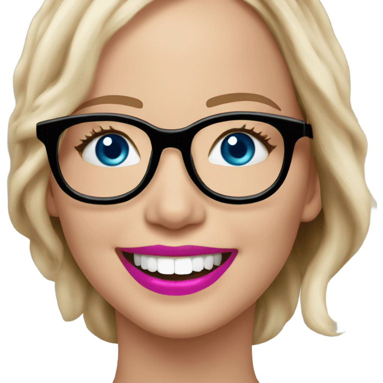 Happy laughing Jennifer Lawrence,  blue eyes wearing glasses and pink lipstick  emoji