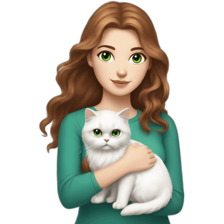 white girl with brown wawy hair and blue eyes, who hold a small white persian cat with green eyes emoji