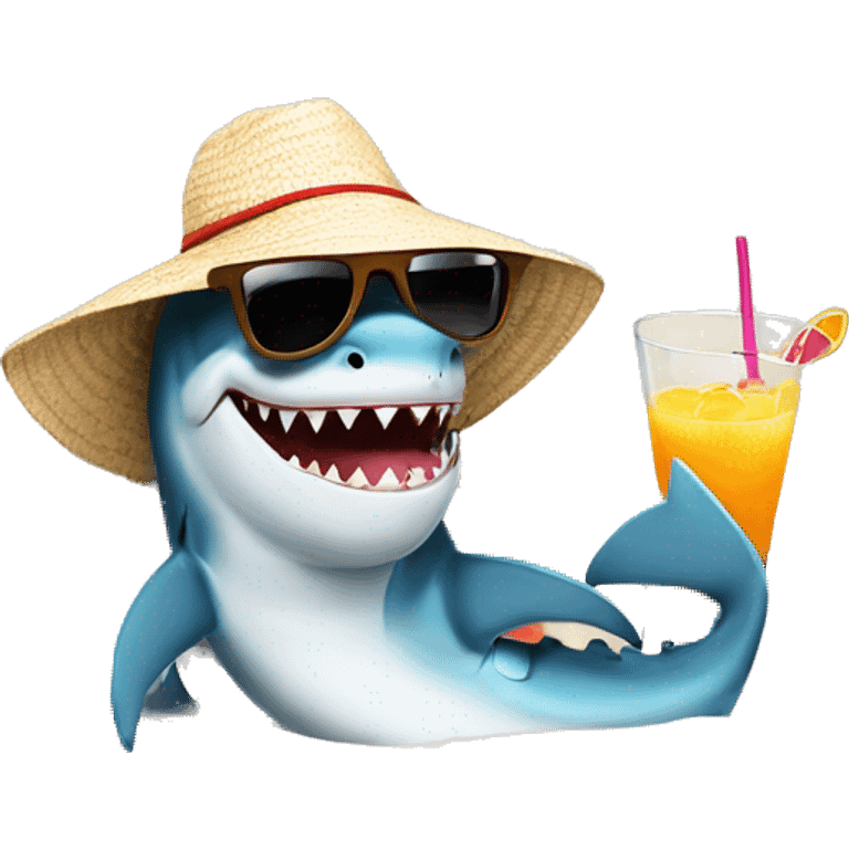 Shark with a sunhat and sunglasses drinking a coctail while laying in a sunbed emoji