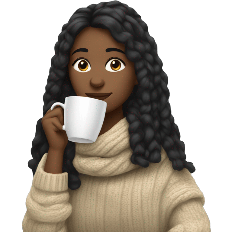 White girl black hair in a sweater and scarf sipping tea  emoji