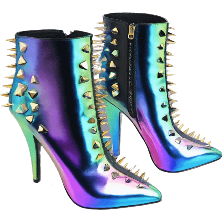 Realistic isolated top front view of a pair of Iridescent ombre studded spike heel ankle bootie boots.  emoji