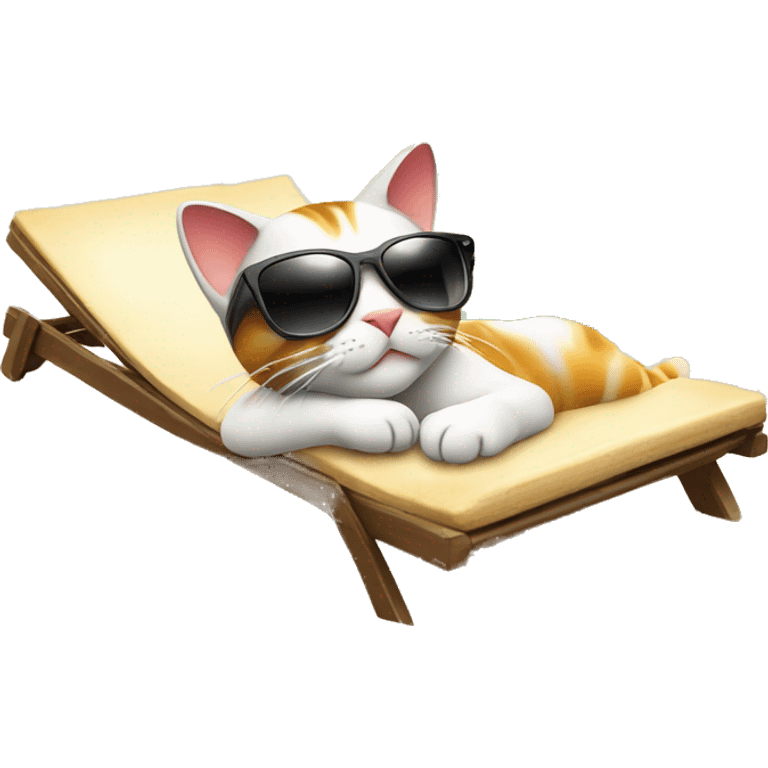 cat relaxing on the beach with sunglasses and drink, palm tree in background emoji