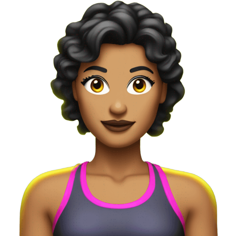 Tanned woman with black hair dressed in 1980s fitness hair, makeup, and neon attire  emoji