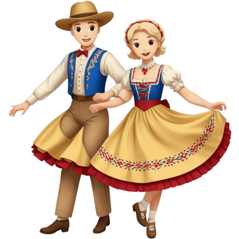 Cinematic Realistic scene of two square dancers in traditional American folk costumes, captured in joyful, coordinated motion with vibrant, rustic lighting that highlights their cultural heritage emoji