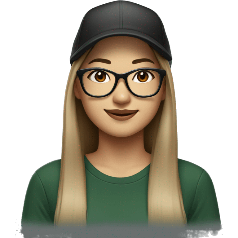 Hyper realistic, look from side, asian adult woman, light white skin, smiling with teeth, black eyes, spotted frame glasses, long light brown ombre straight hair, black T-shirt, dark green cap. emoji