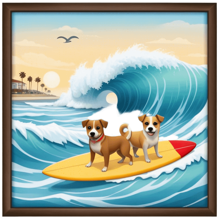 A beach in San Diego with massive waves and lots of dogs surfing emoji