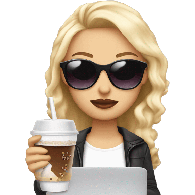 blonde girl+laptop+coffee+sunglasses+lipstick+bubble-tea emoji