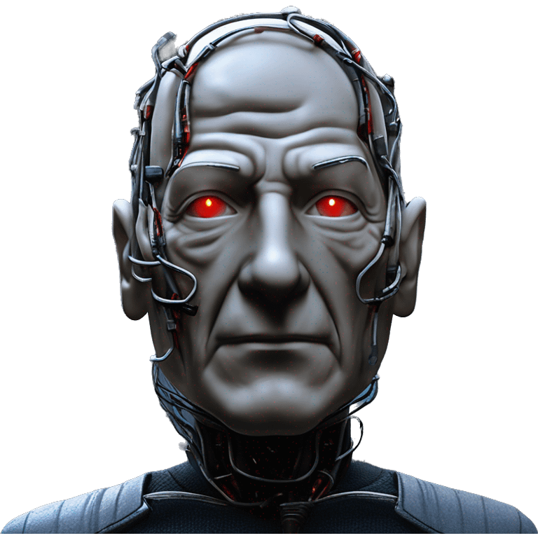 Jean luc picard from Star Trek assimilated by the Borg, with mechanical metal covering the left side of his face, with wires and a red light on the left side. His eyes are blue emoji