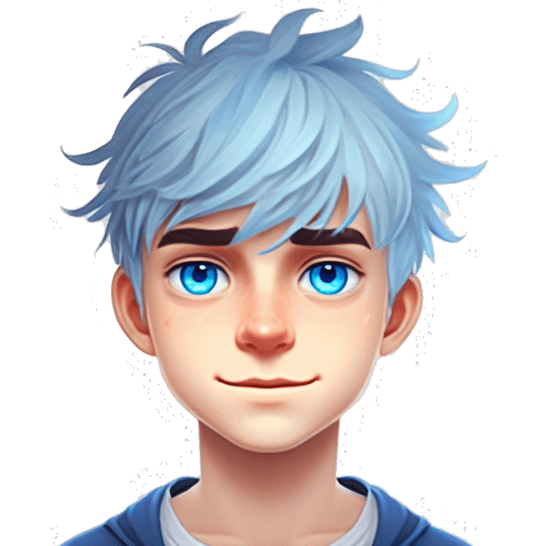 Teenager boy white messy hair, bangs, bright blue eyes  emoji