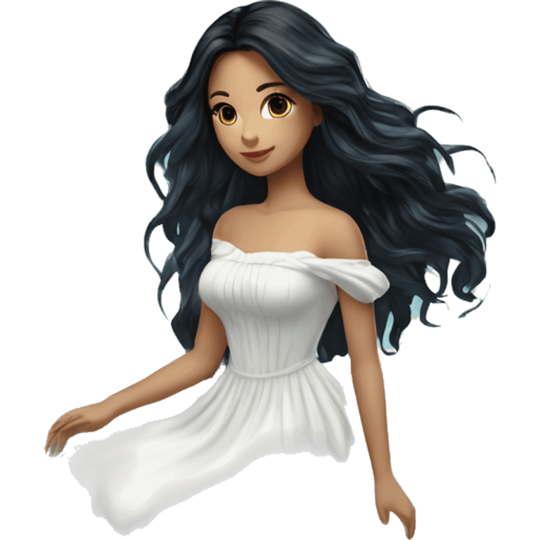 Pretty young Lady doll posing posed pose with long black hair flowers in hair white dress surrounded by flowing water emoji