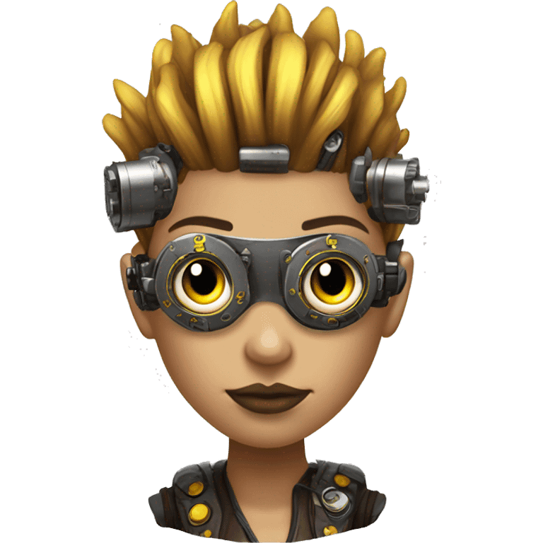 Brown with yellow streaks Mohawk hair female cyborg head, fair skin, steampunk goggles and circuits emoji