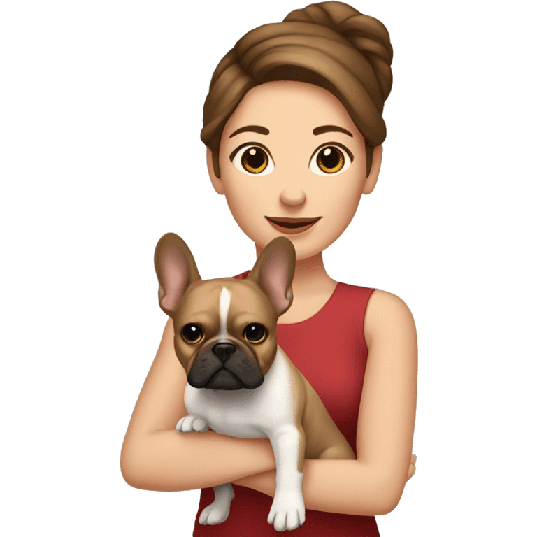 Brown haired Woman holding tan French bulldog emoji