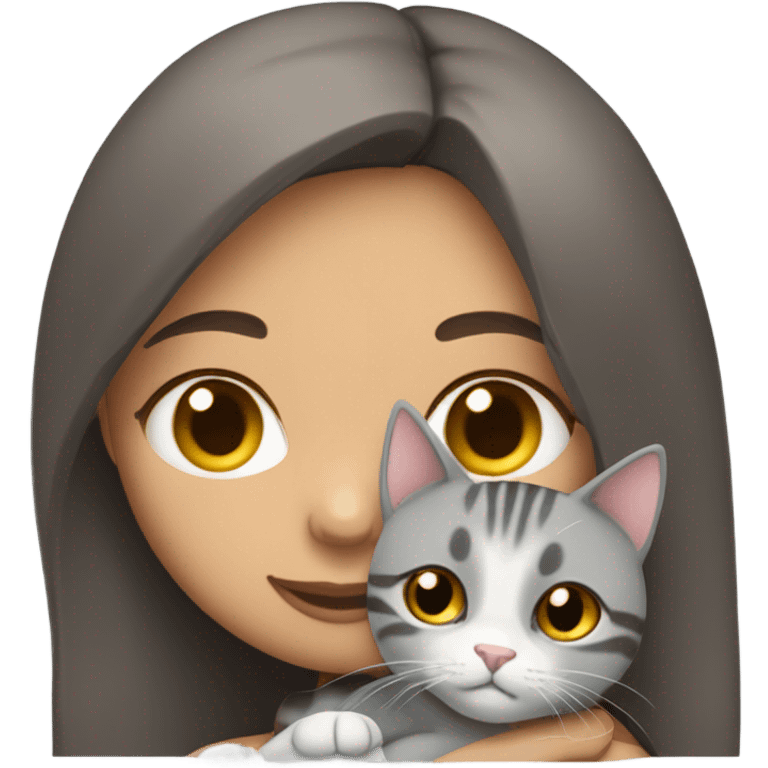 brunette girl snuggling grey tabby cat emoji