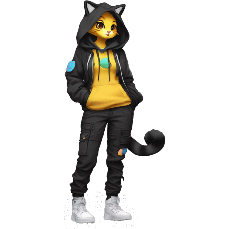 Edgy Anthro cool shy colorful urban beautiful pretty anime dark cat-Pokémon-fursona techwear cargo pants hoodie emoji