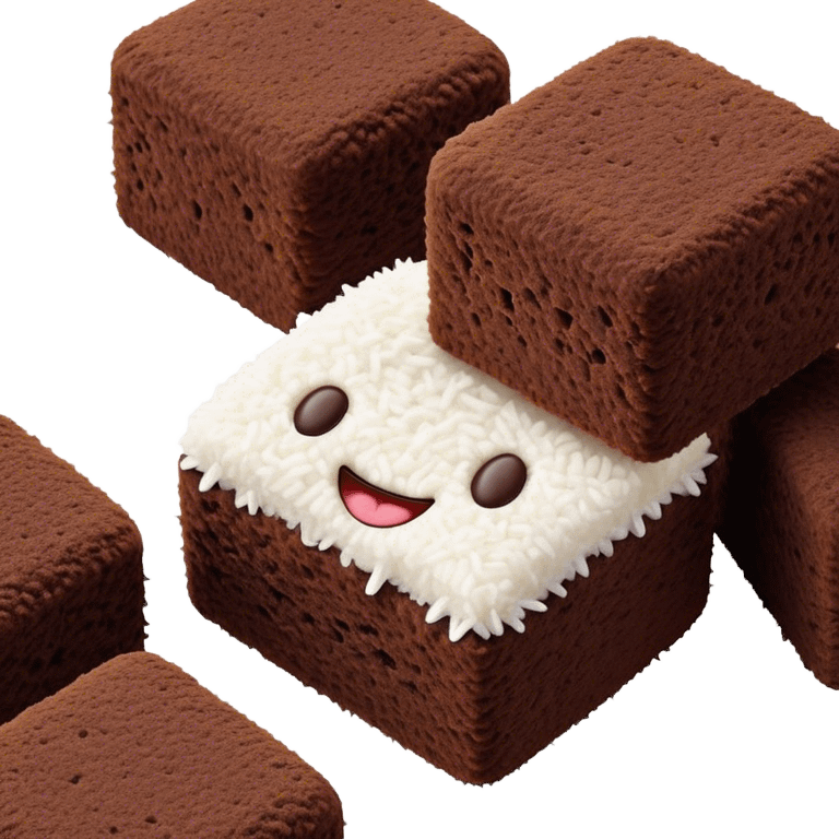 Cinematic Realistic Lamingtons Dessert Emoji, depicted as soft sponge squares coated in chocolate and coconut rendered with mouth‚Äêwatering detail and vibrant lighting. emoji