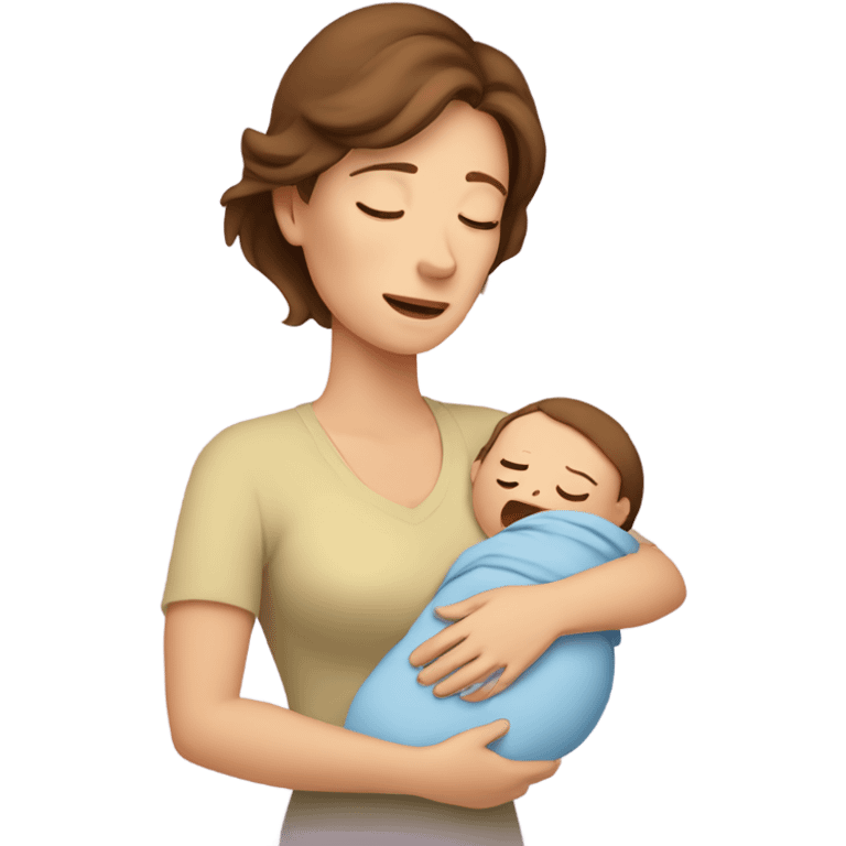  tired caucasian mother with brown hair, ,  holding one newborn baby emoji