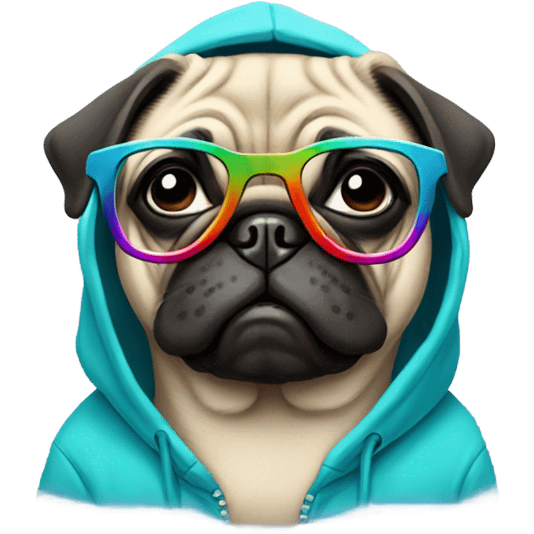 a pug wearing a hoodie and glasses emoji