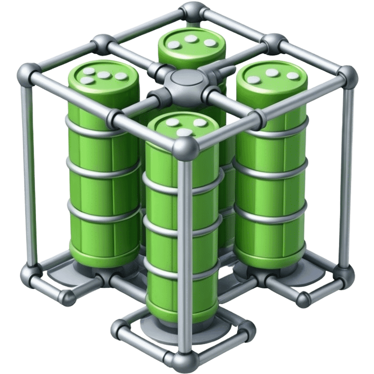 A bundle of uranium fuel rods used in a nuclear reactor, with a metallic structure and cylindrical rods, arranged in a hexagonal grid, futuristic and industrial style emoji