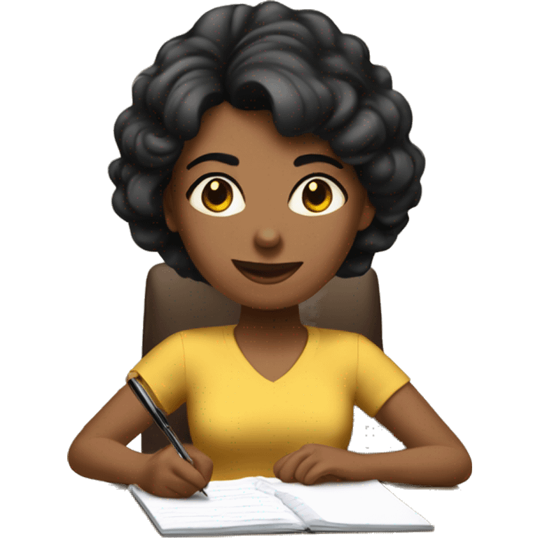 white mom with short black hair writing  a notebook on a wooden desk emoji