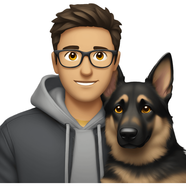 a handsome guy (dark brown hair, grey colour eyes, thin stylish black glasses, hoodie) hugging a dog (grey colour german shepherd, yellow/brown eyes) emoji