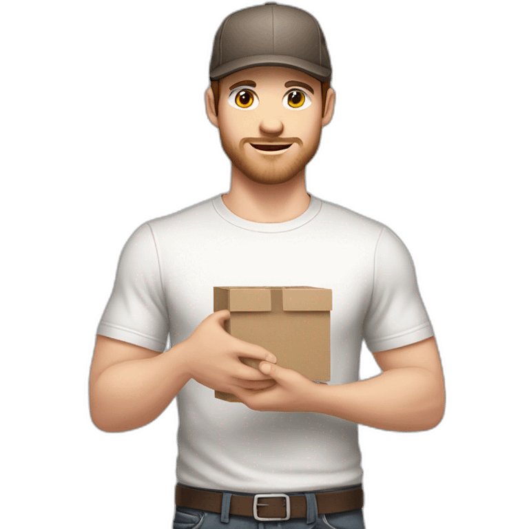 Pale skinned fit Man with dark brown hair in a light gray cap, dark brown jeans, brown polo and white T-shirt keeping a pasted with tape white box into his hands emoji