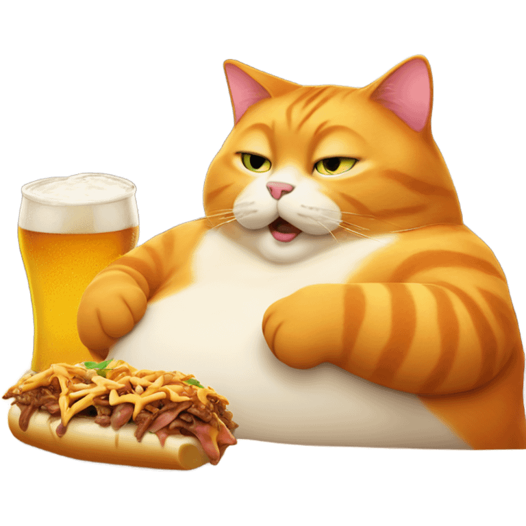 Fat orange cat leaning back eating a cheesesteak with a beer in his other paw emoji