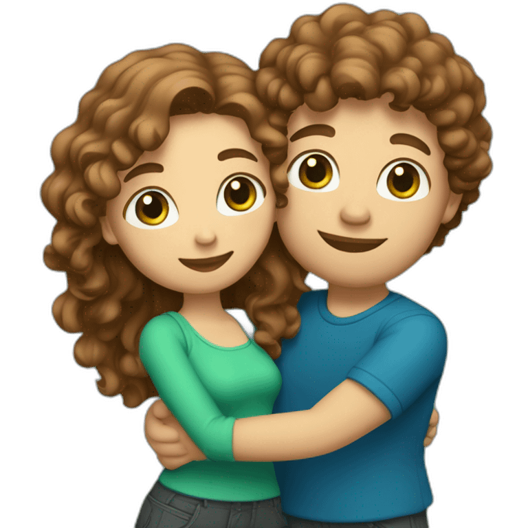 Couple, hugging, man with brown curly hair and blue eyes. chubby woman with long light brown curly hair and blue-green eyes. emoji