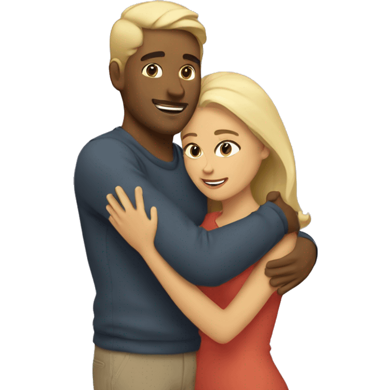 Blond man and hispanic woman hug each other emoji