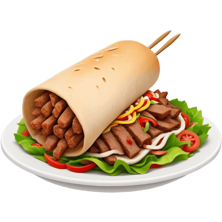 Cinematic Realistic Doner Kebab Dish Emoji, showcasing succulent, spiced meat shaved from a rotating spit rendered with lifelike detail and dynamic, appetizing lighting. emoji