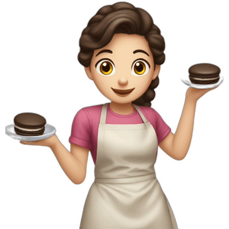 girl with dark brown hair in apron makes macaroon emoji