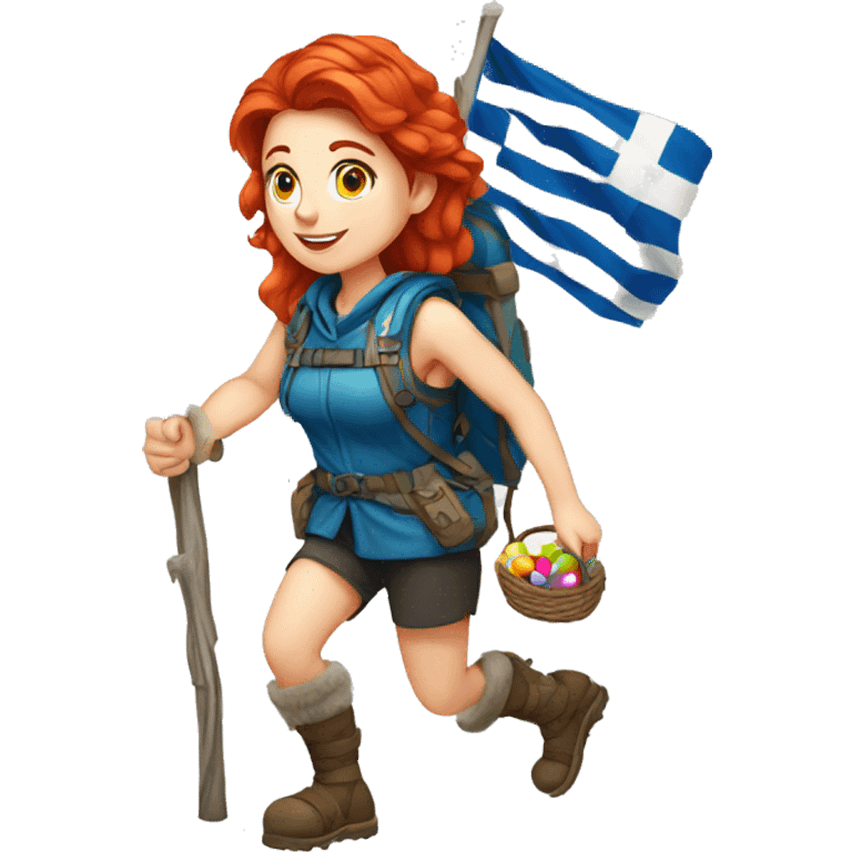 Greek Female winter mountaineer red hair white skin climbing with Greek Flag and Easter eggs basket emoji