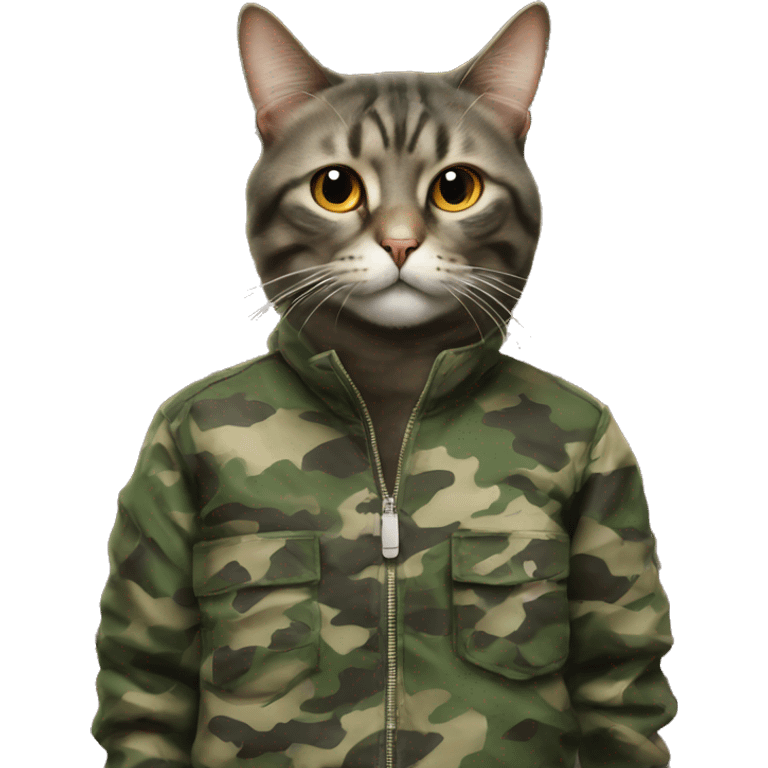 Cat wearing a camouflage jumpsuit smoking a cigarette  emoji