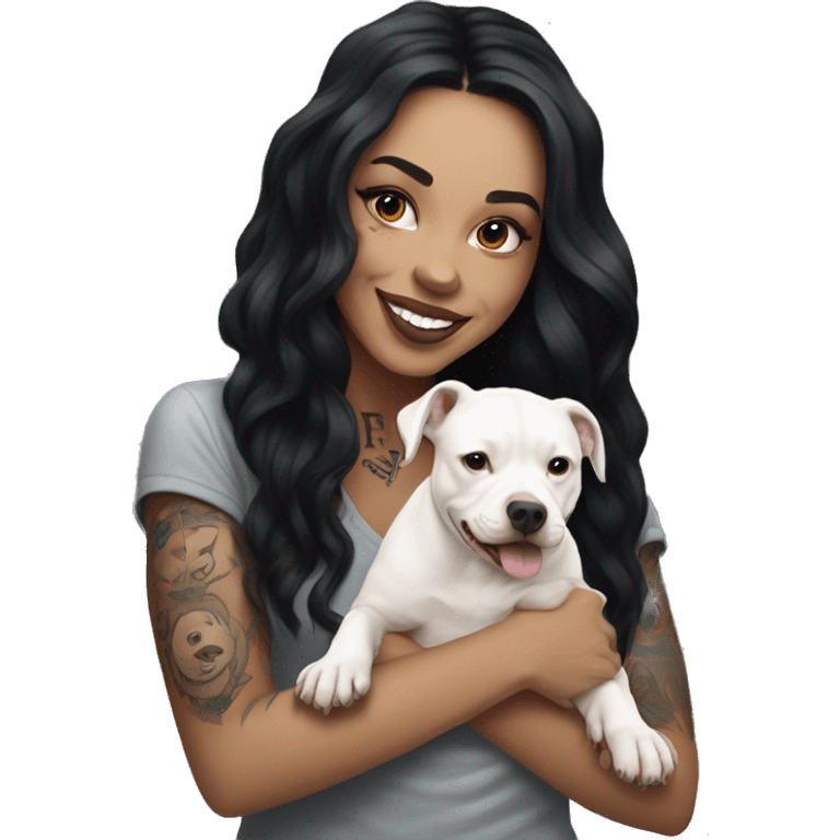 light skin woman with a face tattoo of a cross and long wavy black hair expressing joy alongide a white miniature pitbull  emoji