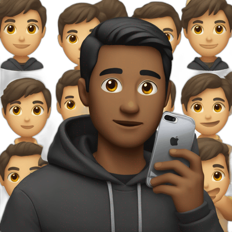 A man wearing a black hoodie, short black hair, and brown eyes, holding an iPhone 15 Pro in his hand emoji