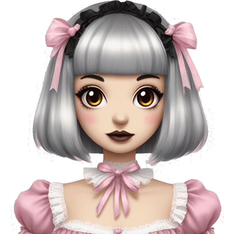 pale woman with short split dyed black and white hair and bangs, pink lips and eyeshadow, long eyelashes, brown eyes, pink Lolita dress with laces and ribbons, gothic Lolita doll look emoji