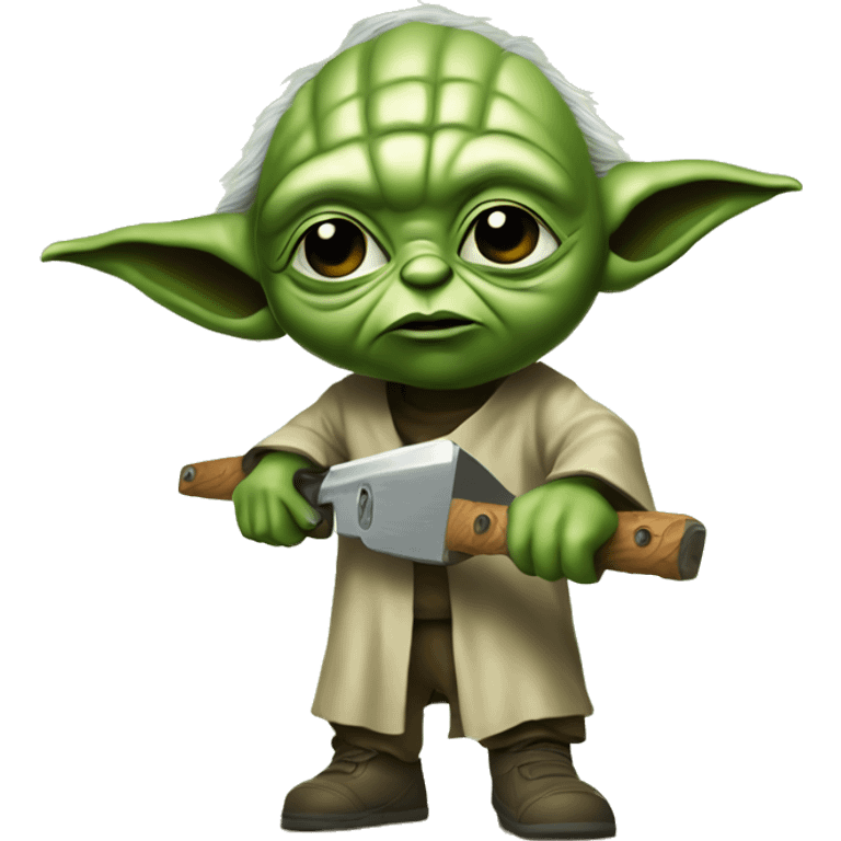 Yoda’s kid saws with a chainsaw. In a painted style emoji