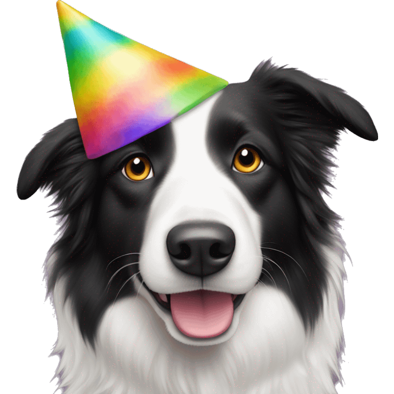 A half-black, half-white, Border Collie wearing a colourful party hat. white emoji