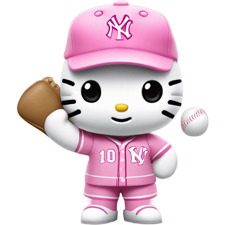 Hello kitty wearing a pink Yankees baseball uniform with a pink foam finger that has #1 emoji