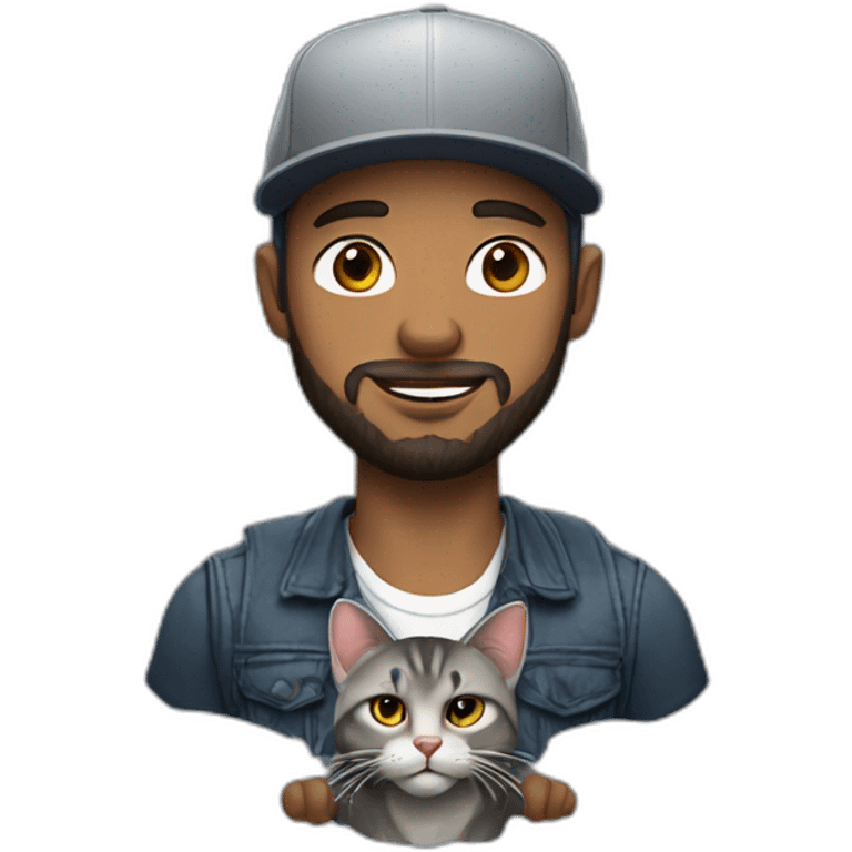 a man with a short beard and a snapback hat holding a big grey cat emoji