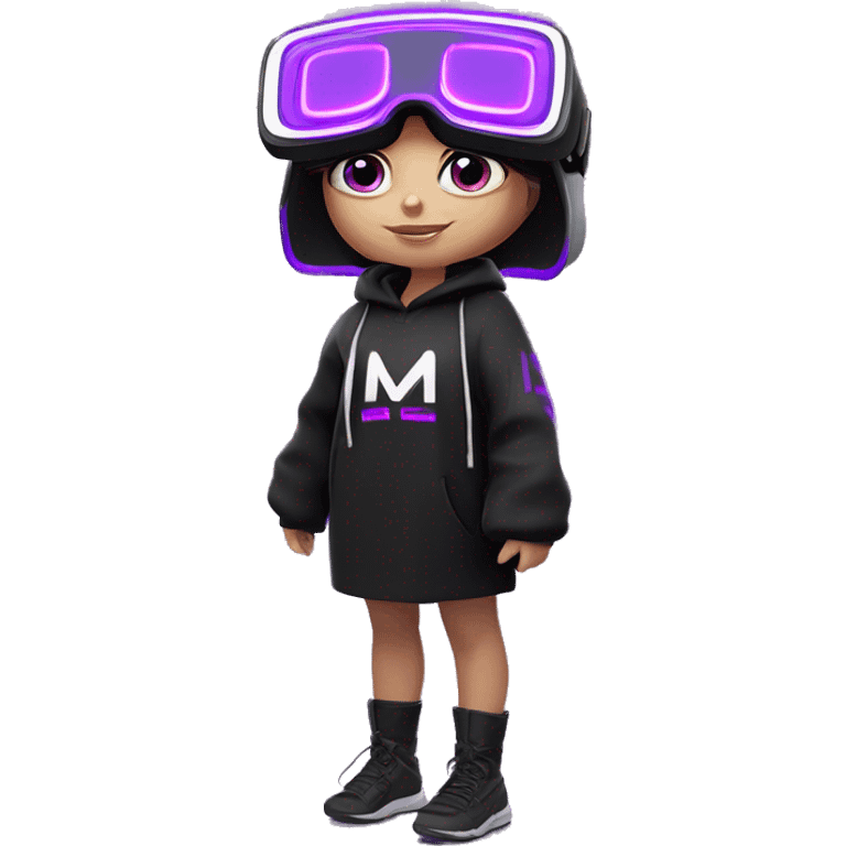 Russian girl wearing black hoody with violet letters "OMG", in vr headset oculus quest2. Standing like jedi. Cyberpunk style. Violet neon. emoji