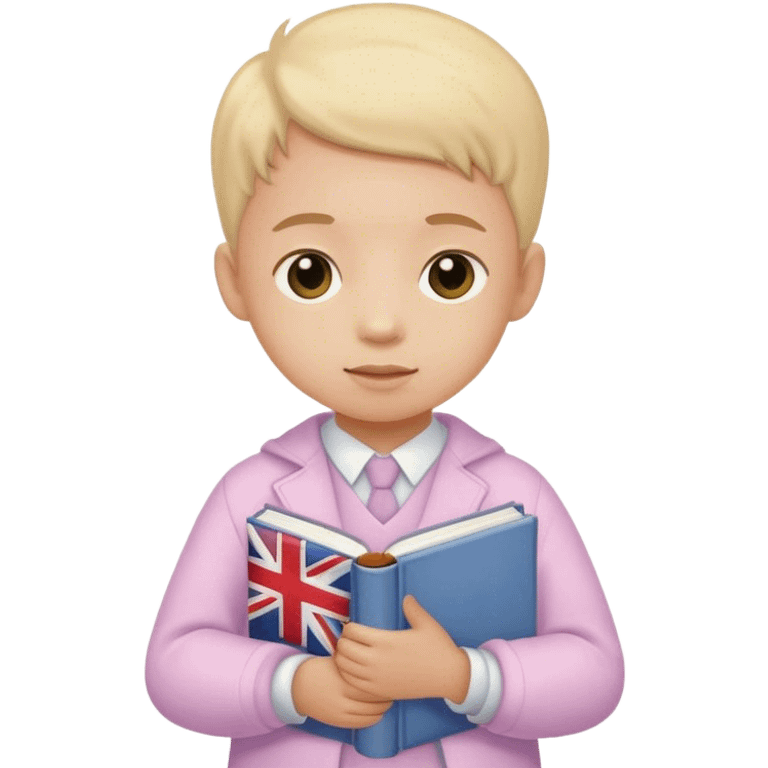 child in pastel clothes holding a British textbook emoji