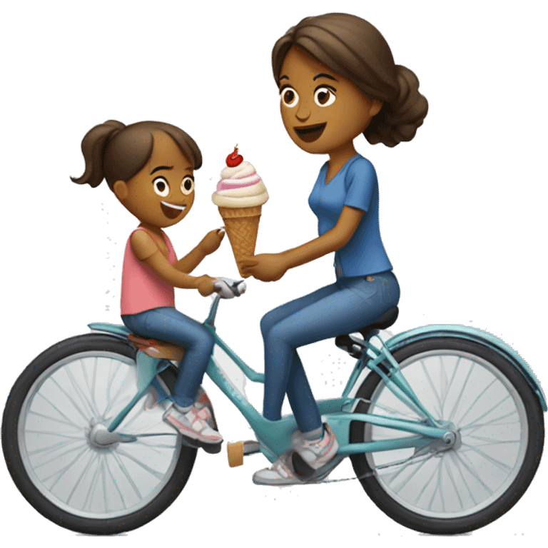 Woman with a child riding bike and holding an ice cream emoji