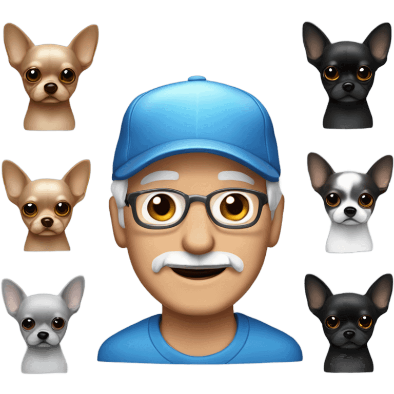 Older man with blue eyes gray hair gray goatee in ball cap holding black longhair chihuahua  emoji