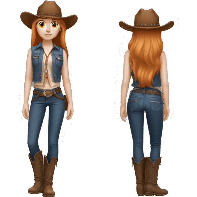 White skin, woman, feminine, 21 year old,straight hair , ginger coloured hair, beautiful, British, stylist, aesthetic, side and bangs, sensual looking, full body, complete body figure,slim, she’s wearing a cowboy outfit emoji