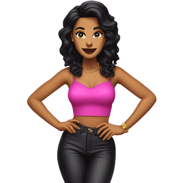 Tanned woman with black hair dressed in 1990s r&b hair, makeup, and neon attire  emoji