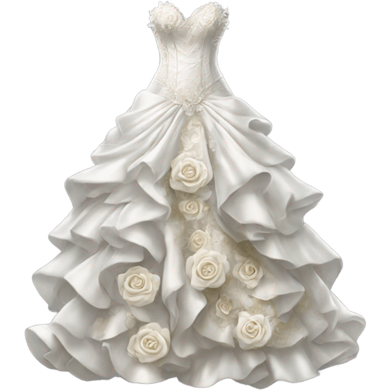 Hyper Realistic ornate Wedding dress displays ruffles and white roses emoji