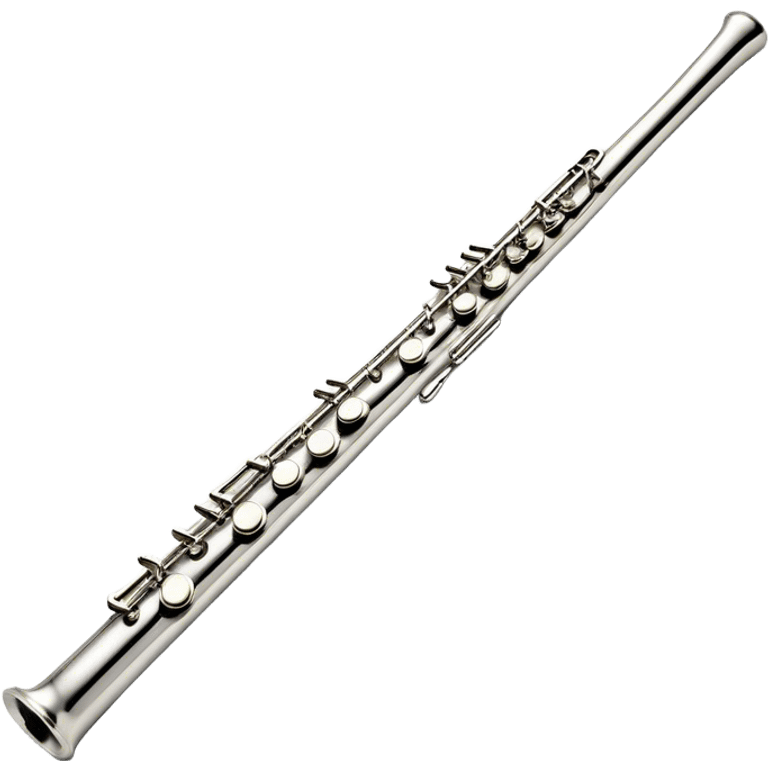 Create an elegant and refined emoji representing a classical silver flute. The design should showcase the sleek, polished silver body of the flute with its keywork and tone holes clearly visible. Highlight the smooth, straight shape of the instrument with subtle light reflections on its metal surface. The keys should be delicately detailed, with their small, round pads visible. Add a slight shine to the flute’s surface to reflect its high-quality craftsmanship. Optionally, include subtle musical notes floating around the flute to evoke its light, melodic sound. The background should be transparent. emoji