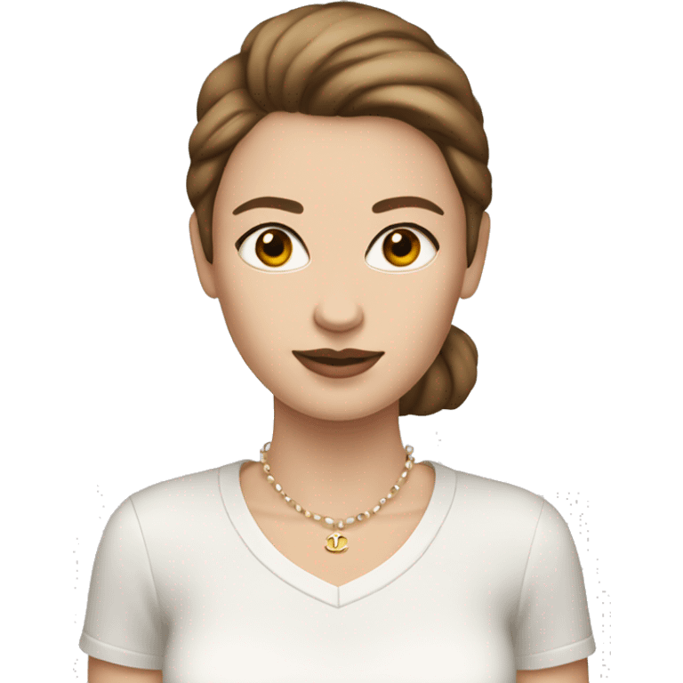 A woman with white skin and brown hair in a Chanel T-shirt emoji