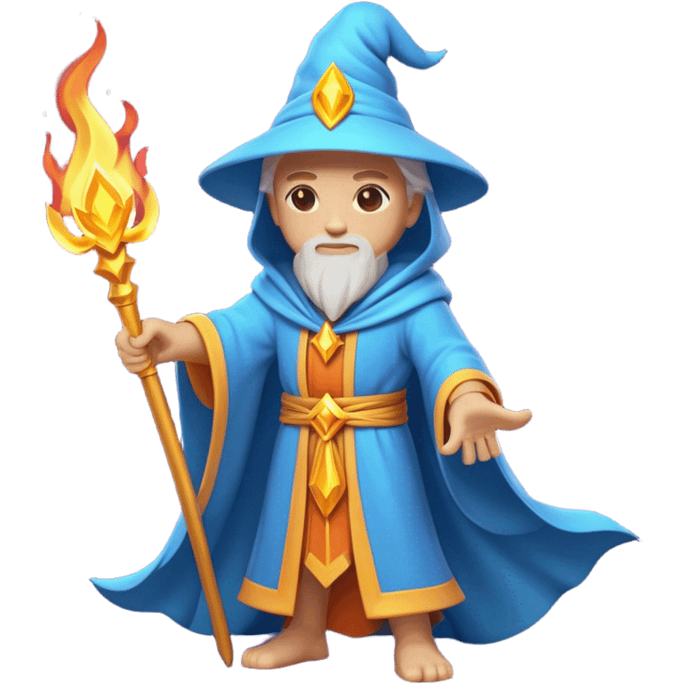 Clash of Clans aesthetic: Cinematic heroic powerful fire Wizard Hero  close up Emoji, rendered in a 3D vector-style similar to standard emojis with minimal shading and bold, simplified shapes. A compact, isometric figure draped in flowing enchanted robes and wielding a mystical staff, softly glowing with an arcane magical charm. Simplified yet unmistakably iconic, highly detailed and consistent, glowing with a soft radiant glow and high shine. Stylized with a touch of whimsical sorcery and a soft glowing outline, capturing the essence of a powerful wizard ready to cast spells with a friendly, playful spirit! emoji