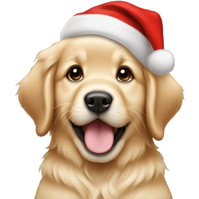 Golden retriever puppy wearing a Santa hat emoji